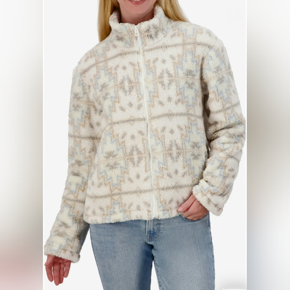 NWT Lucky Brand Geo Print Faux Fir Zip Jacket Size M